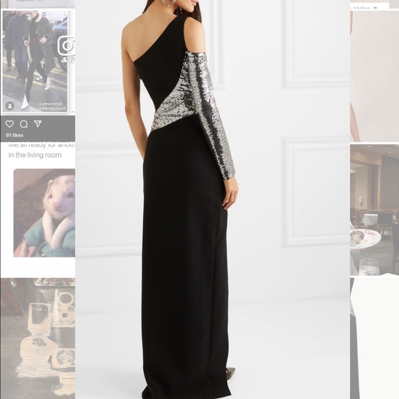 RASARIO ONE SLEEVE SEQUIN EMBELLISHED CREPE GOWN - Picture 4 of 5